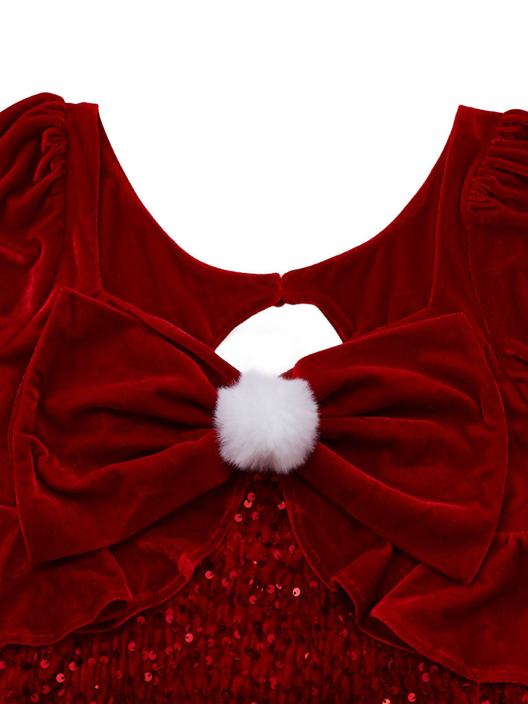 [Vorverkauf] Rot 1980er Paillette Bogen Puffärmel Babydoll Kleid