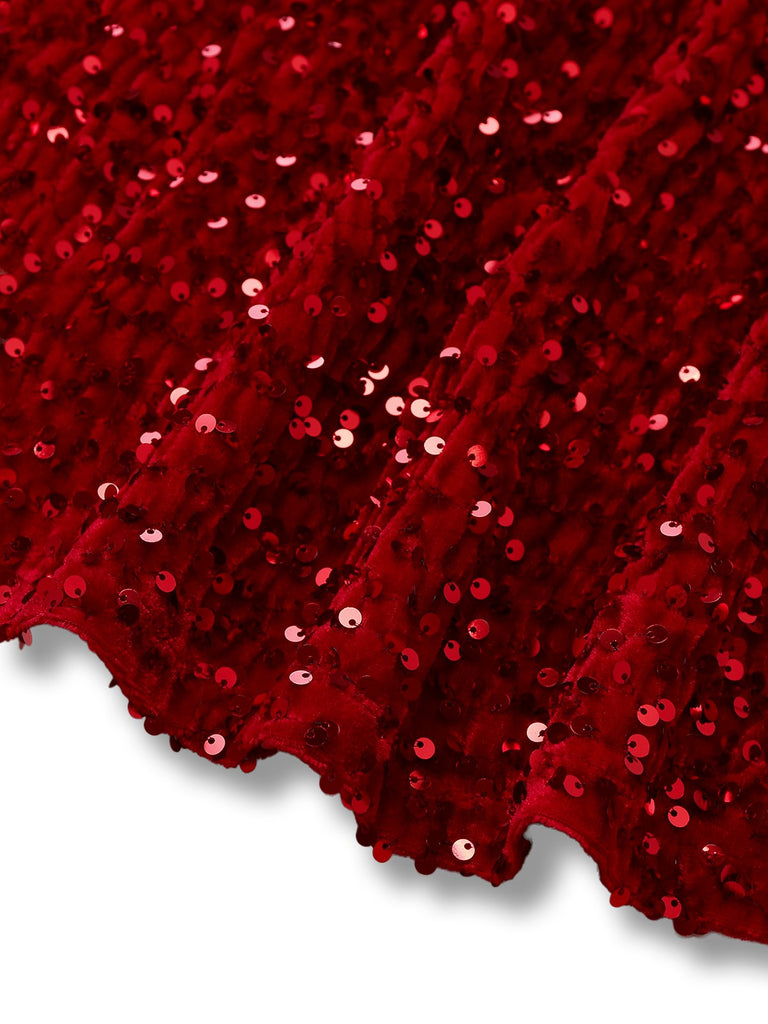 [Vorverkauf] Rot 1980er Paillette Bogen Puffärmel Babydoll Kleid