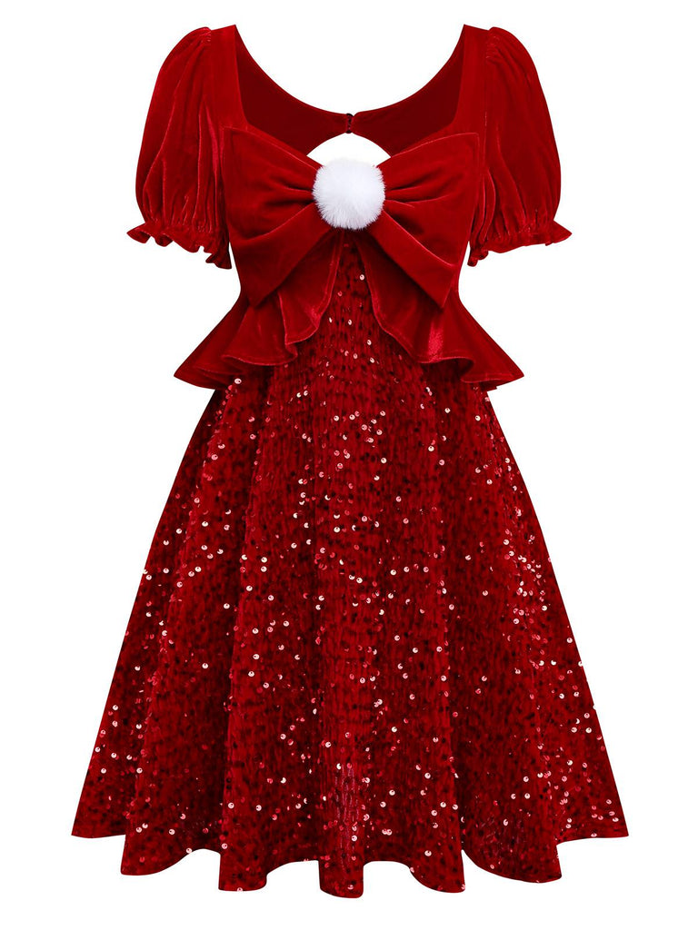 [Vorverkauf] Rot 1980er Paillette Bogen Puffärmel Babydoll Kleid