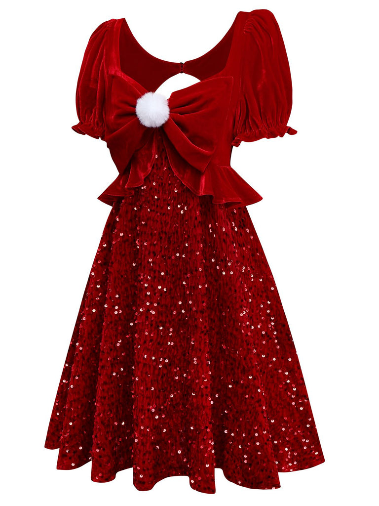 [Vorverkauf] Rot 1980er Paillette Bogen Puffärmel Babydoll Kleid
