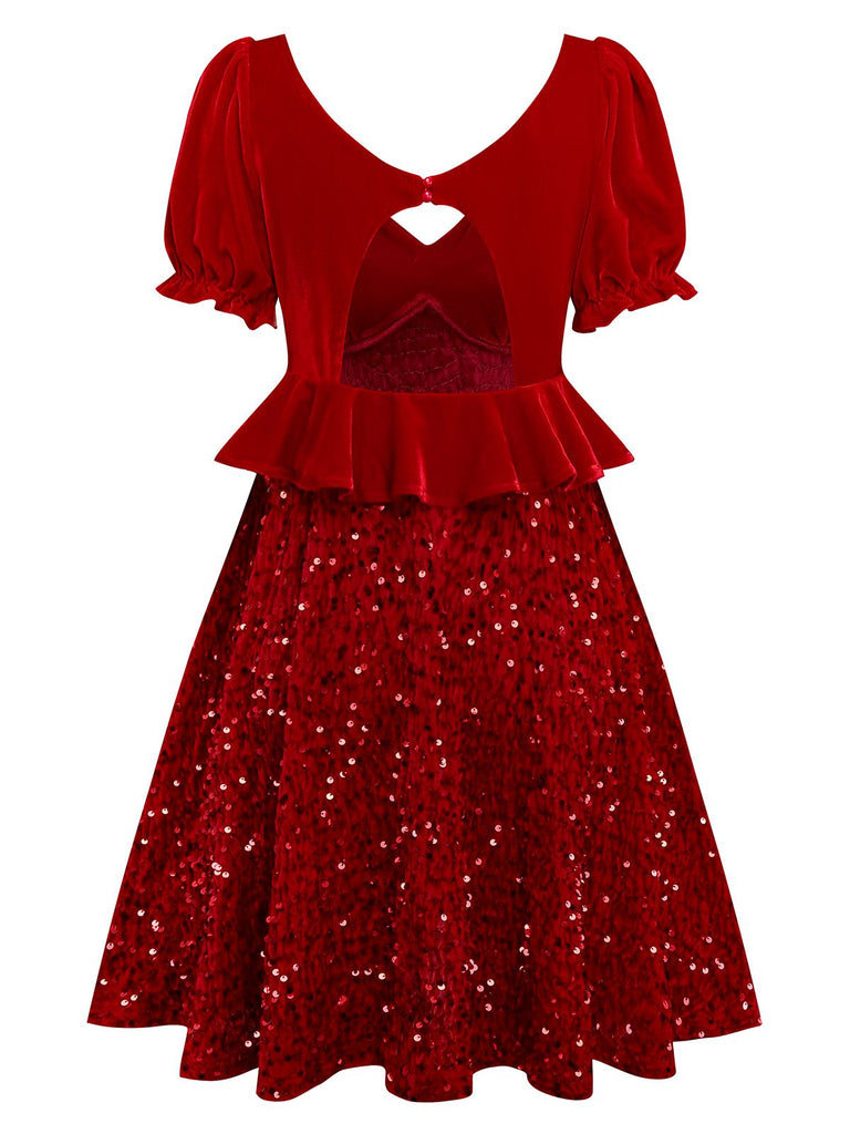 [Vorverkauf] Rot 1980er Paillette Bogen Puffärmel Babydoll Kleid
