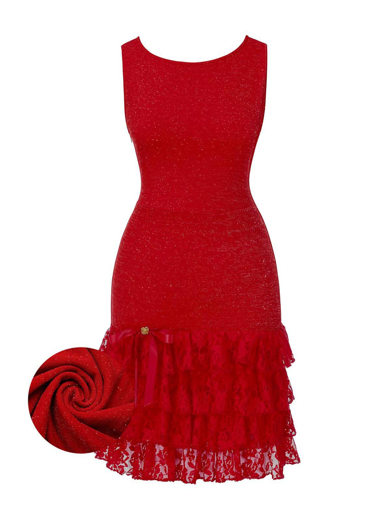 [Vorverkauf] Rot 1930s Funkeln Spitze Stufen Bootskragen Kleid