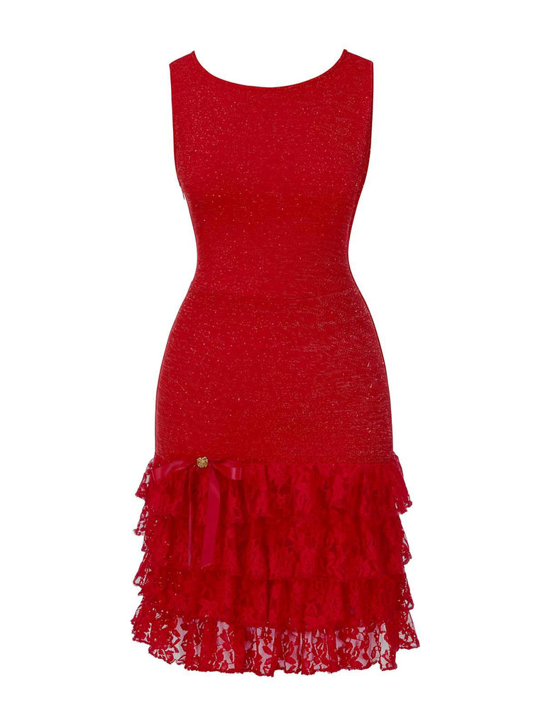 [Vorverkauf] Rot 1930s Funkeln Spitze Stufen Bootskragen Kleid