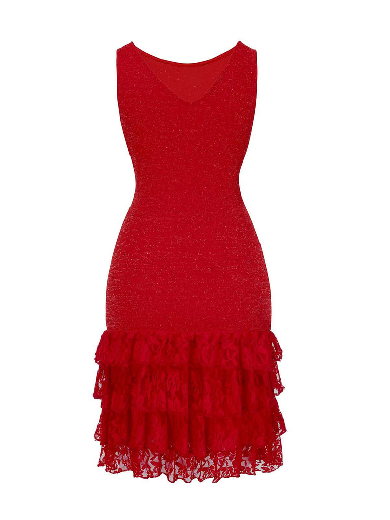 [Vorverkauf] Rot 1930s Funkeln Spitze Stufen Bootskragen Kleid