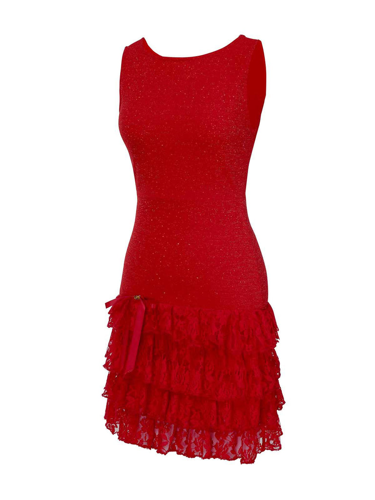 [Vorverkauf] Rot 1930s Funkeln Spitze Stufen Bootskragen Kleid