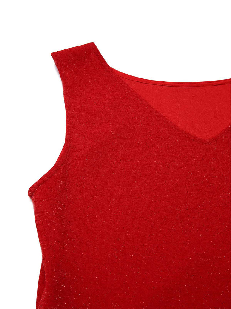 [Vorverkauf] Rot 1930s Funkeln Spitze Stufen Bootskragen Kleid