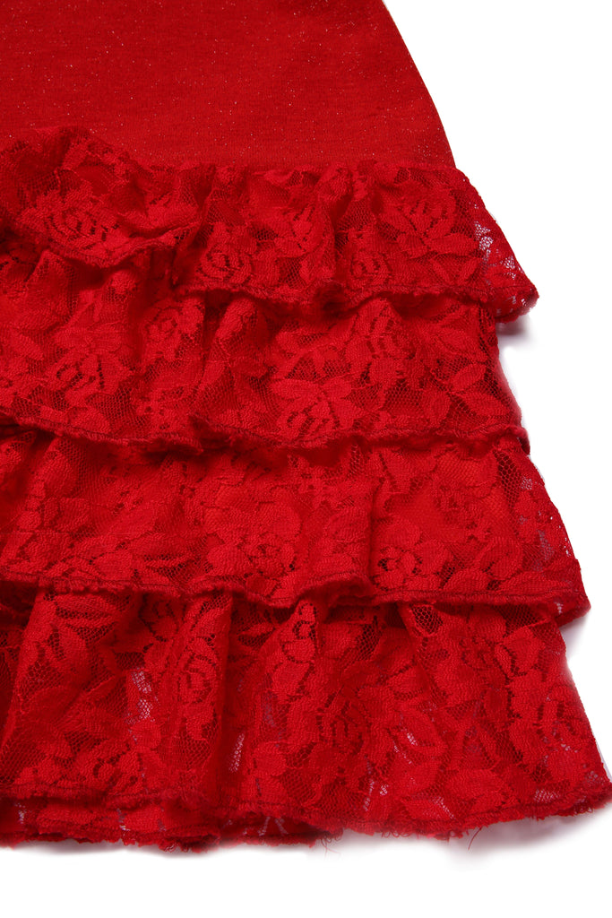 [Vorverkauf] Rot 1930s Funkeln Spitze Stufen Bootskragen Kleid