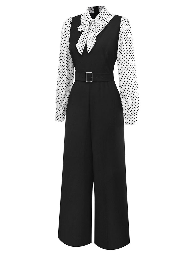 [Vorverkauf] Schwarz 1940er Dots Fake-Zweiteiler Bindekragen Jumpsuit