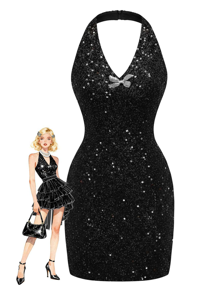 [Vorverkauf] Schwarz 1960er Halter Bogen Pailletten Kleid
