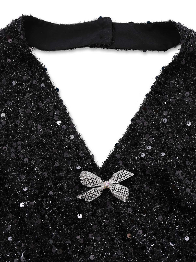 [Vorverkauf] 2PCS Schwarz 1960er Pailletten Halter Kleid & Netz Rock