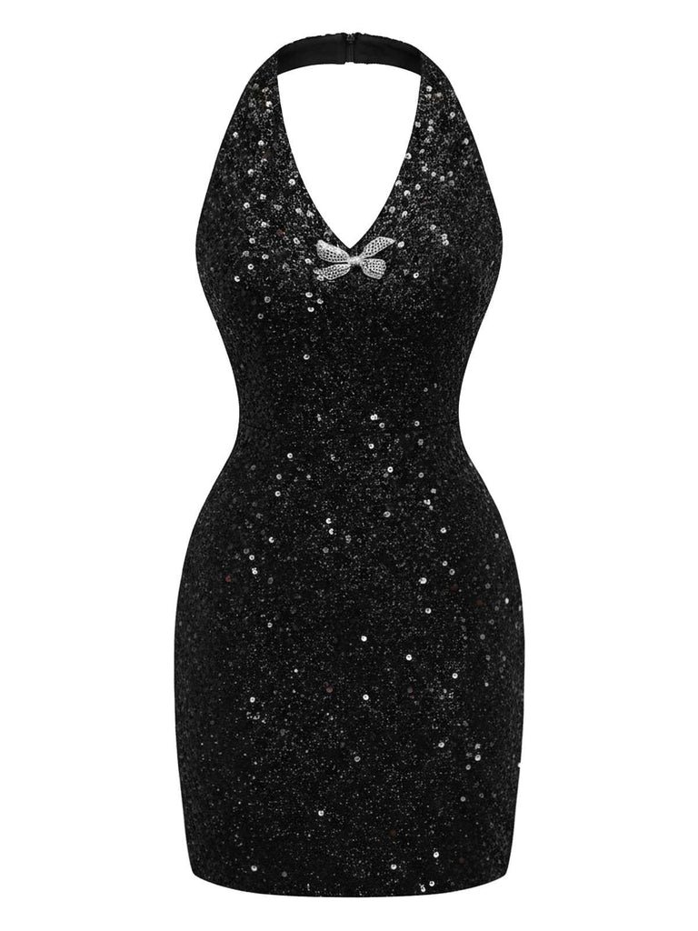 [Vorverkauf] Schwarz 1960er Halter Bogen Pailletten Kleid
