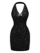 [Vorverkauf] Schwarz 1960er Halter Bogen Pailletten Kleid