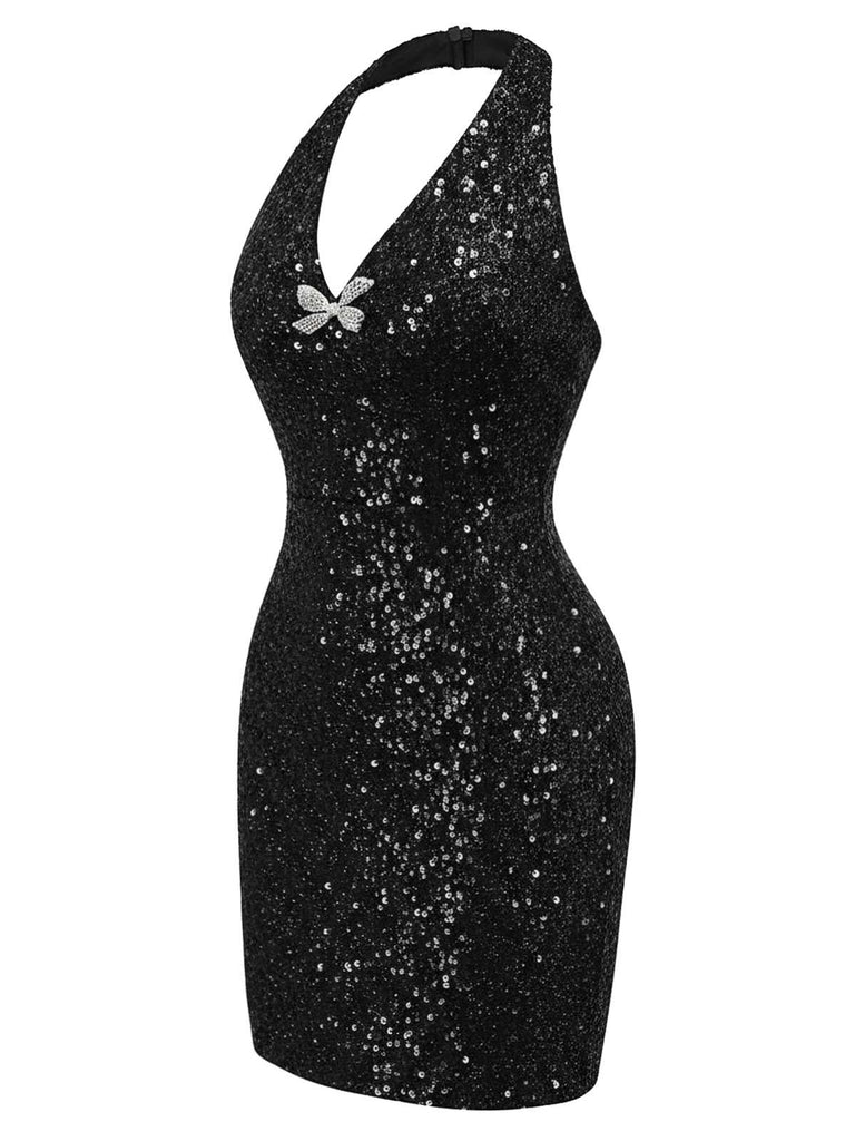 [Vorverkauf] Schwarz 1960er Halter Bogen Pailletten Kleid