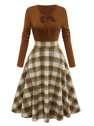 Braun 1950er Krawattenhals Stricken Plaid Kleid