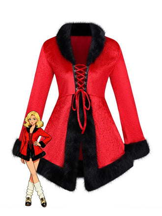 Rot 1970er Weihnachten Pelzbesatz Schnürung Samt Kleid