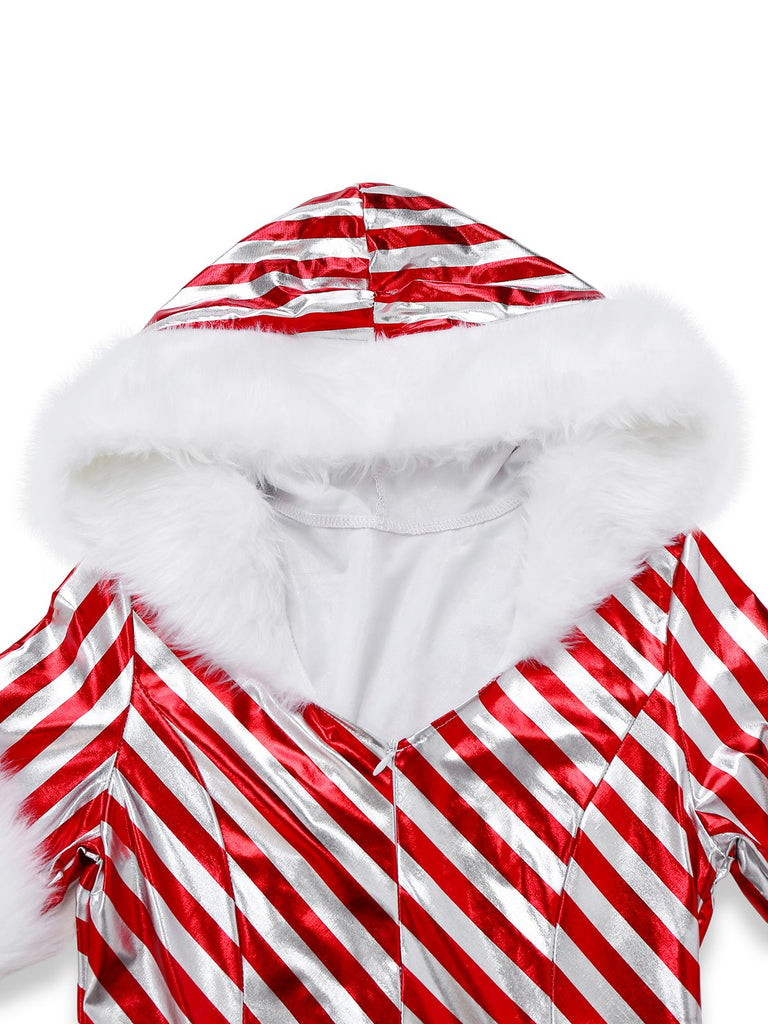 Rot 1960er Zuckerstange Streifen Kapuze Kleid & Beinwärmer