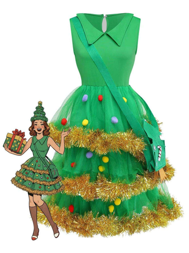 Grün 1950er Weihnachten Baum Abgestuft Kleid Set