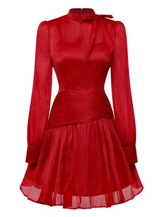 Rot 1960er Solide Gerüschtes Krawattenhals Langarm Kleid