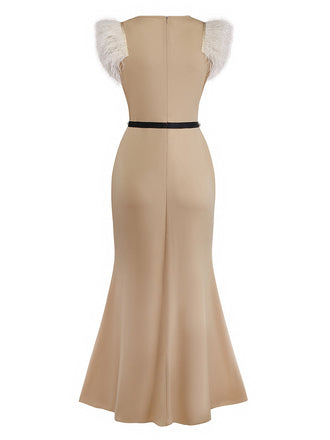 Beige 1930er Perlenbesetzt & Feder Patchwork Meerjungfrauen Kleid