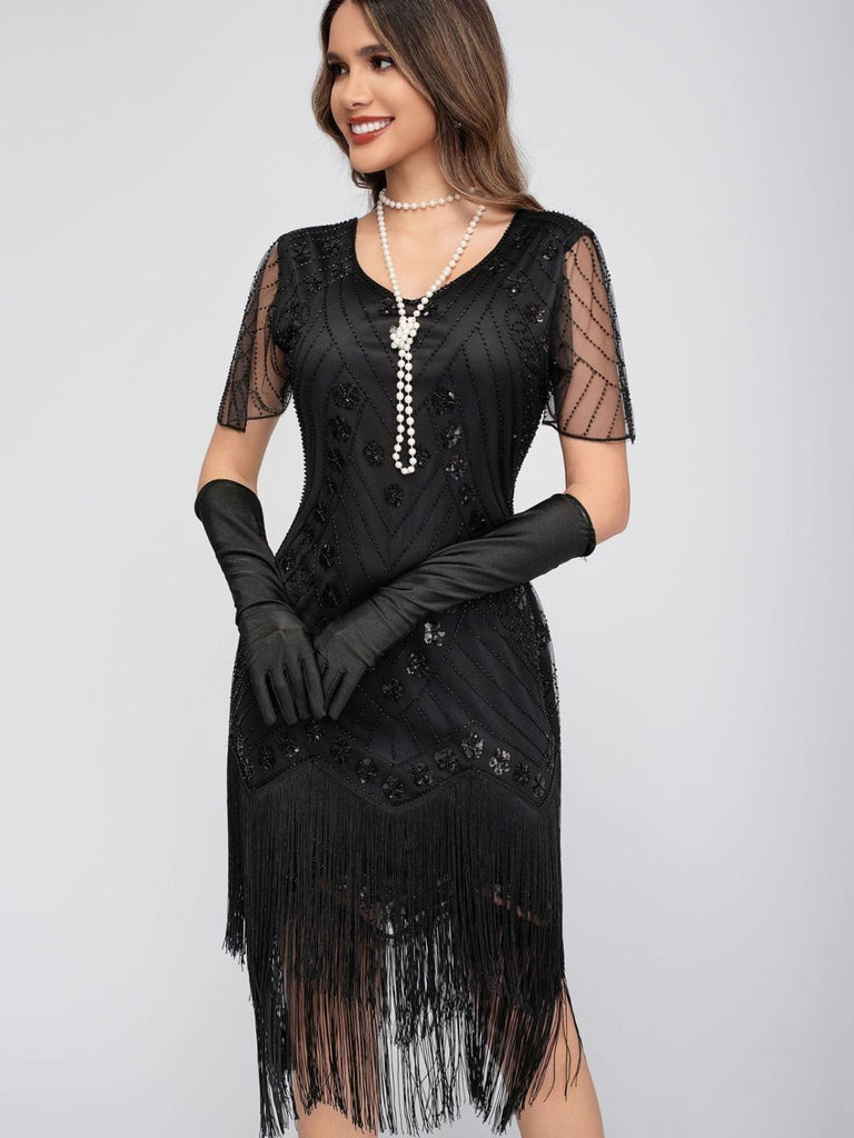 1920er Pailletten Quaste Perlenstickerei Flügelärmel Kleid