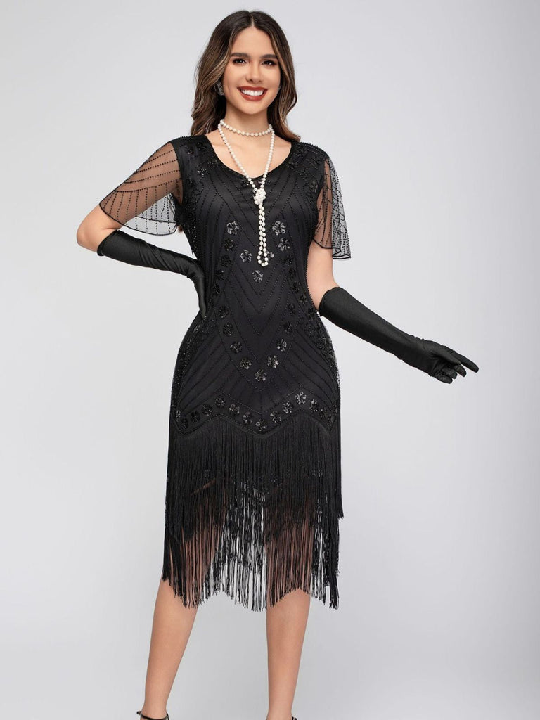 1920er Pailletten Quaste Perlenstickerei Flügelärmel Kleid