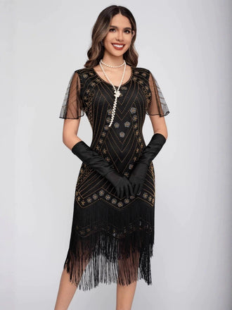 Gold 1920er Pailletten Quaste Perlenstickerei Flügelärmel Kleid