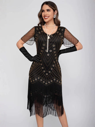 Gold 1920er Pailletten Quaste Perlenstickerei Flügelärmel Kleid
