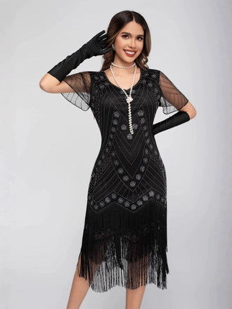 Silber 1920er Pailletten Quaste Perlenstickerei Flügelärmel Kleid