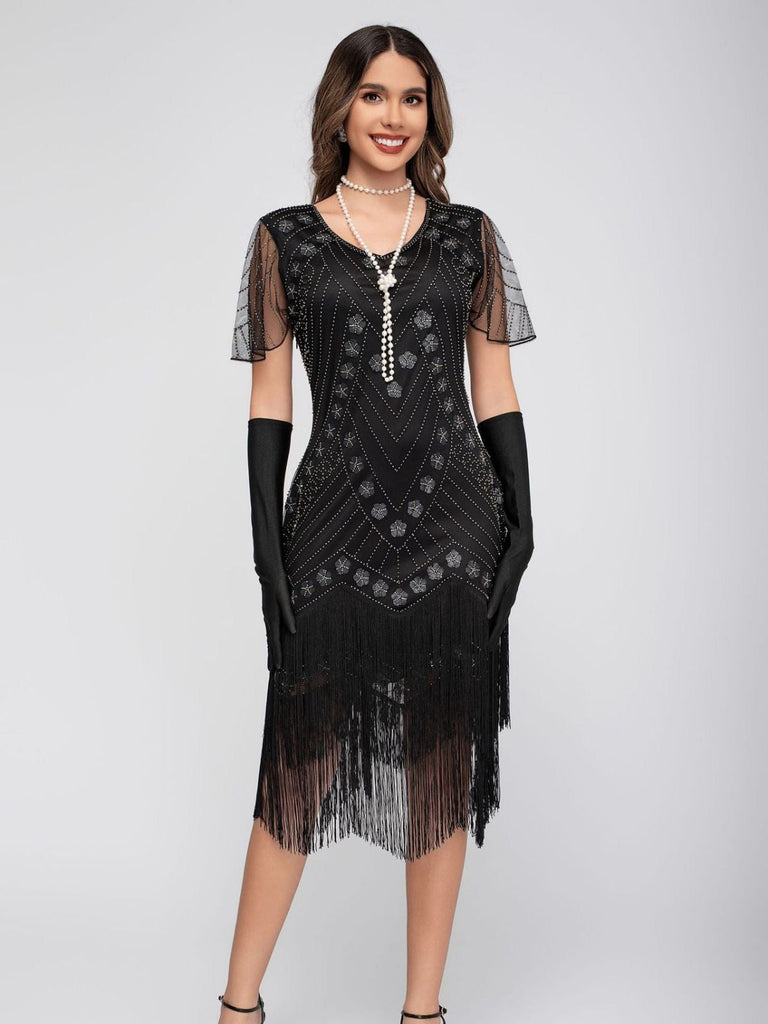 1920er Pailletten Quaste Perlenstickerei Flügelärmel Kleid