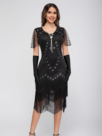 Silber 1920er Pailletten Quaste Perlenstickerei Flügelärmel Kleid