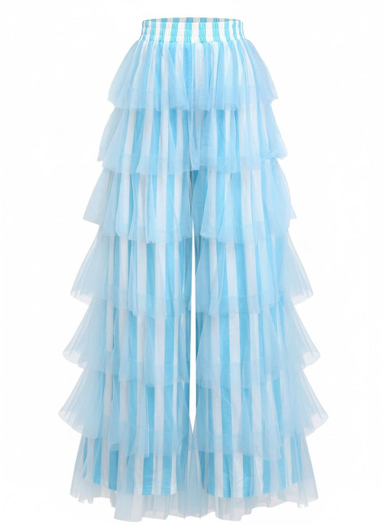 Rosa 1970er Vertikale Streifen Netz Stufen Rüschen Hose