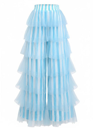 Blau 1970er Vertikale Streifen Netz Stufen Rüschen Hose