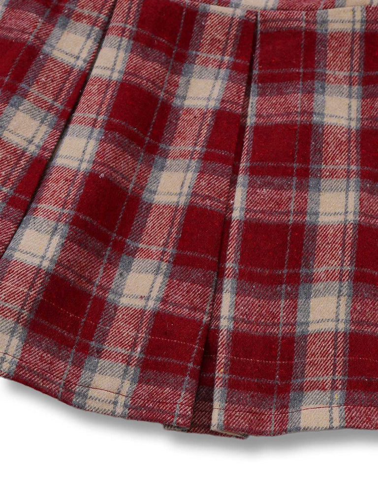 [Vorverkauf] Rot 1960er Faux-Wolle Plaid Tasten Plissiertes Rock