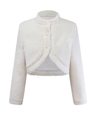 [Vorverkauf] Weiß 1960er Faux-Wolle Stehkragen Jacke