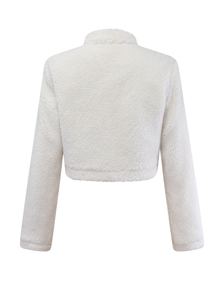 [Vorverkauf] Weiß 1960er Faux-Wolle Stehkragen Jacke