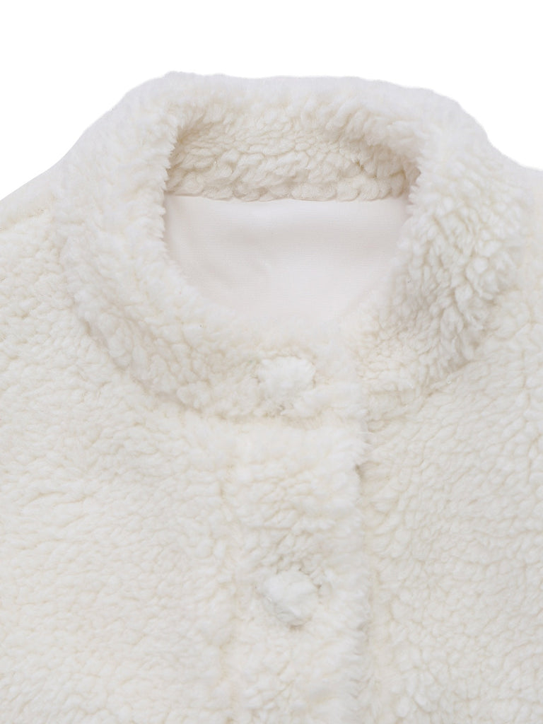 [Vorverkauf] Weiß 1960er Faux-Wolle Stehkragen Jacke