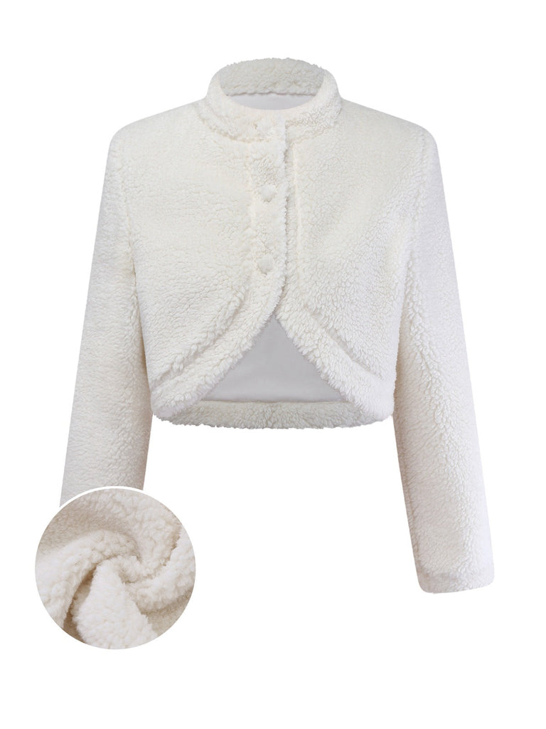 [Vorverkauf] Weiß 1960er Faux-Wolle Stehkragen Jacke