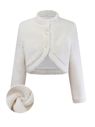 [Vorverkauf] Weiß 1960er Faux-Wolle Stehkragen Jacke