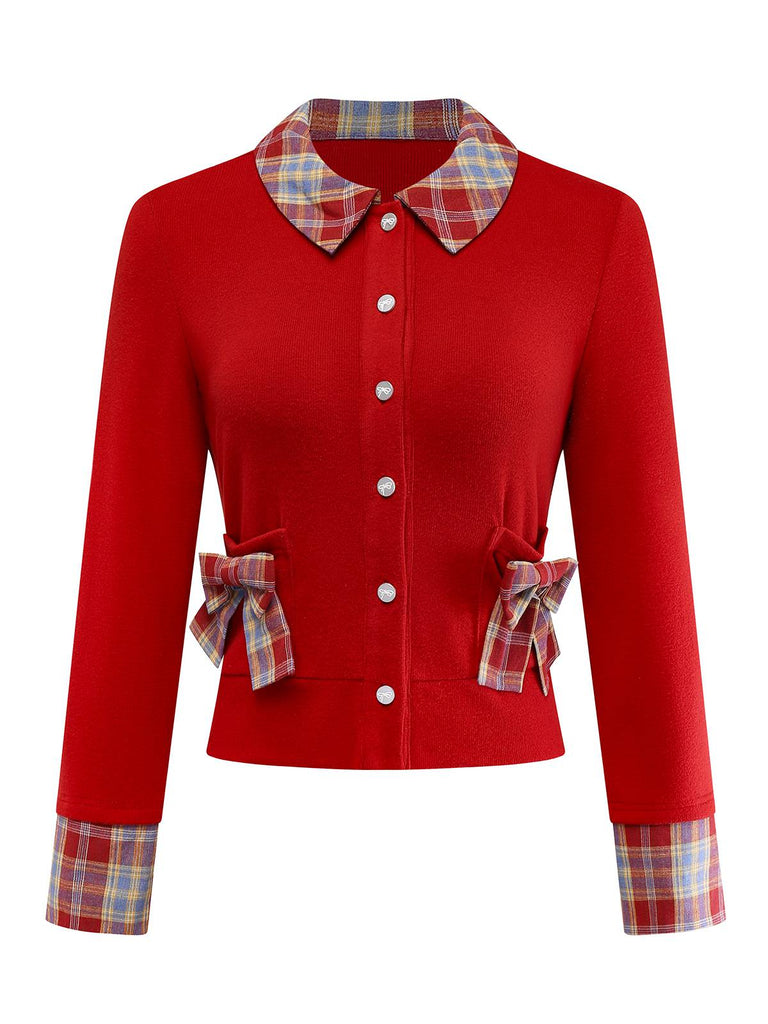 [Vorverkauf] Rot 1970er Tartan Plaid Bogen Stricken Strickjacke