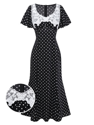 [Vorverkauf] Schwarz 1930er Spitze Patchwork Polka Dot Kleid