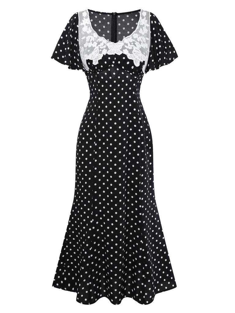 [Vorverkauf] Schwarz 1930er Spitze Patchwork Polka Dot Kleid