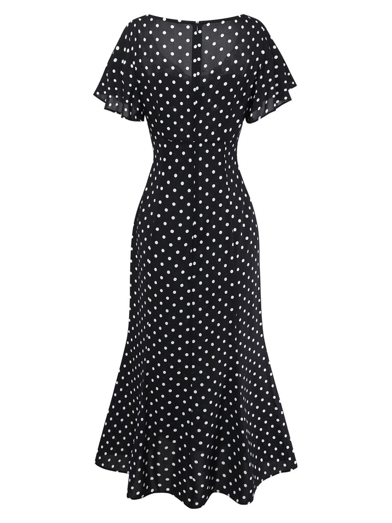 [Vorverkauf] Schwarz 1930er Spitze Patchwork Polka Dot Kleid