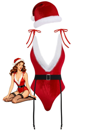 Rot 1970er Tief-V Weihnachten Plüsch Bodysuit Mit Hut