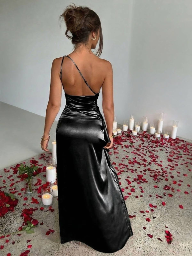 1960er Eine Schulter Gerüscht Schlitz Satin Kleid
