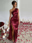 1960er Eine Schulter Gerüscht Schlitz Satin Kleid