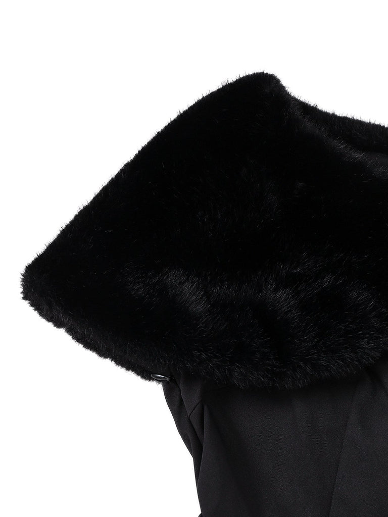 [Vorverkauf] Schwarz 1950er Solide Plüsch Kap Geknöpft Kleid