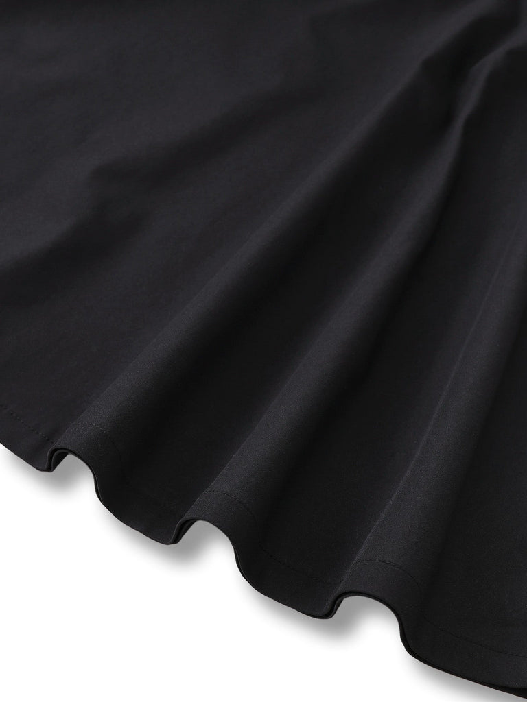 [Vorverkauf] Schwarz 1950er Solide Plüsch Kap Geknöpft Kleid