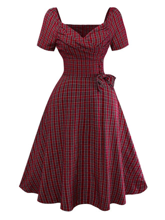 [Vorverkauf] Rot 1950er Plaid Gerüschtes Herzförmiger Hals Bogen Kleid
