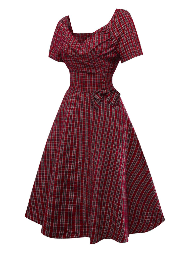 [Vorverkauf] Rot 1950er Plaid Gerüschtes Herzförmiger Hals Bogen Kleid
