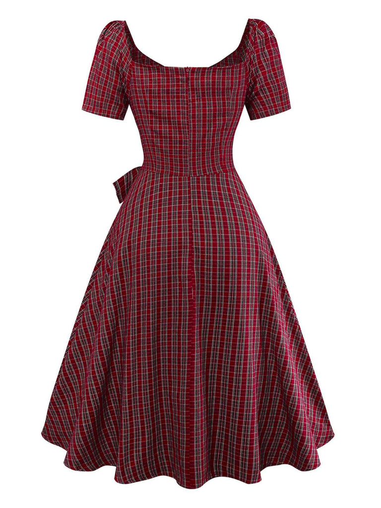 [Vorverkauf] Rot 1950er Plaid Gerüschtes Herzförmiger Hals Bogen Kleid
